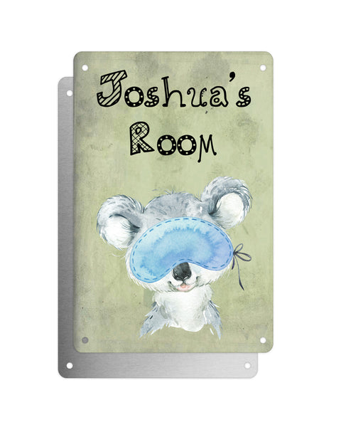 Cute Animal Personalised Name Plaque – Baby Koala With Sleep Mask | Vintage-Style Green Aluminium Sign for Kids’ Room