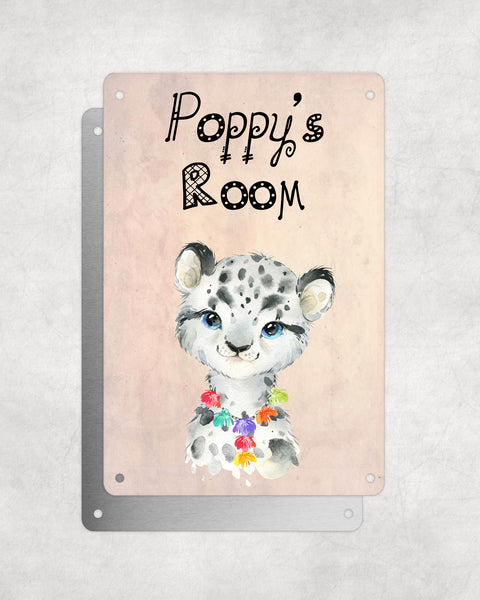 Cute Animal Personalised Name Plaque – Baby Leopard With Hawaiian Lei | Vintage-Style Aluminium Sign for Kids’ Room