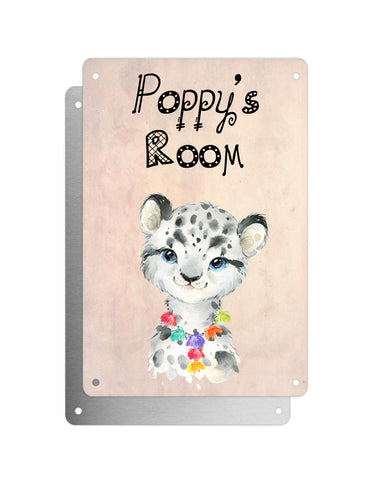 Cute Animal Personalised Name Plaque – Baby Leopard With Hawaiian Lei | Vintage-Style Aluminium Sign for Kids’ Room