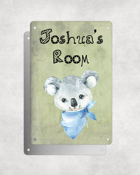 Cute Animal Personalised Name Plaque – Baby Koala With Blue Neck Tie | Vintage-Style Green Aluminium Sign for Kids’ Room