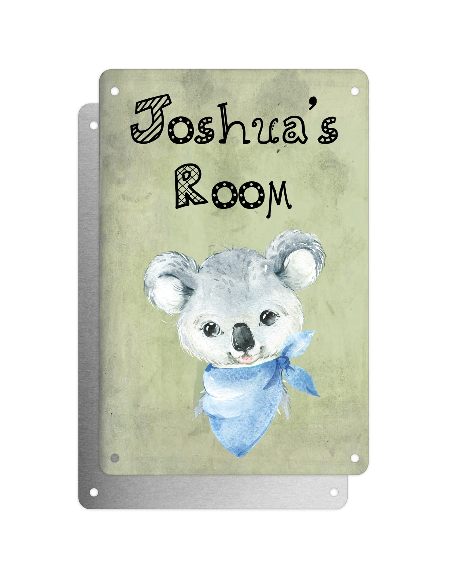 Cute Animal Personalised Name Plaque – Baby Koala With Blue Neck Tie | Vintage-Style Green Aluminium Sign for Kids’ Room