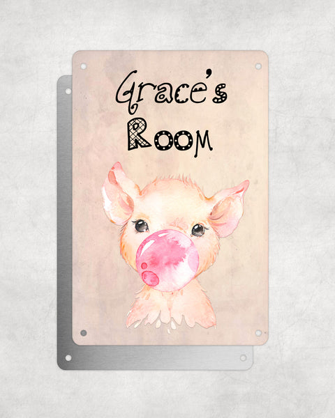 Cute Animal Personalised Name Plaque – Baby Pig With Bubblegum | Vintage-Style Aluminium Sign for Kids’ Room