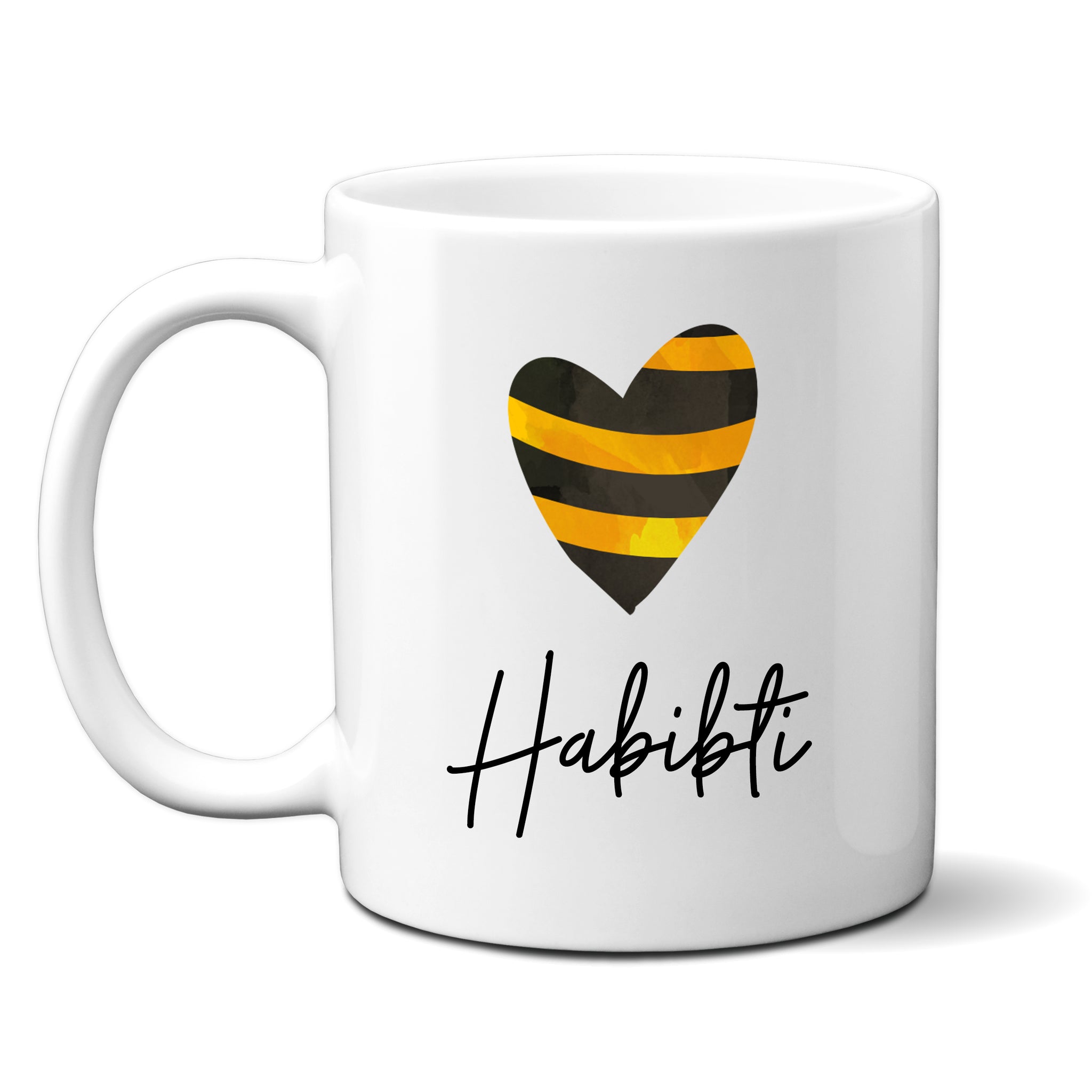 Habibti, Sentimental Wedding Birthday Gift with Black & Yellow Heart Design, Arabic Personalised Mug