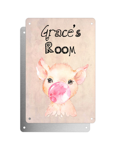 Cute Animal Personalised Name Plaque – Baby Pig With Bubblegum | Vintage-Style Aluminium Sign for Kids’ Room