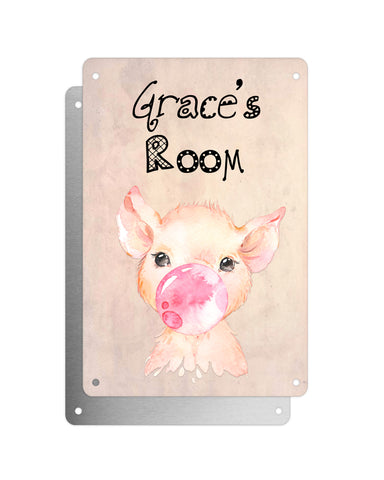 Cute Animal Personalised Name Plaque – Baby Pig With Bubblegum | Vintage-Style Aluminium Sign for Kids’ Room