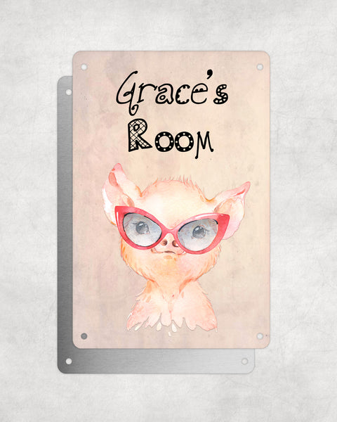 Cute Animal Personalised Name Plaque – Baby Pig With Red Glasses | Vintage-Style Aluminium Sign for Kids’ Room