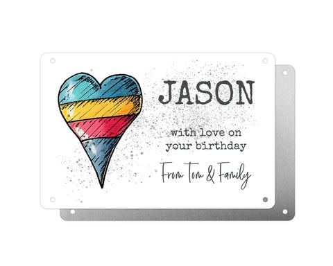 Personalised Graveside Plaque, Aluminium Bereavement Sheet, Metal Sign, Blue Yellow and Red Heart, Remembrance Gift