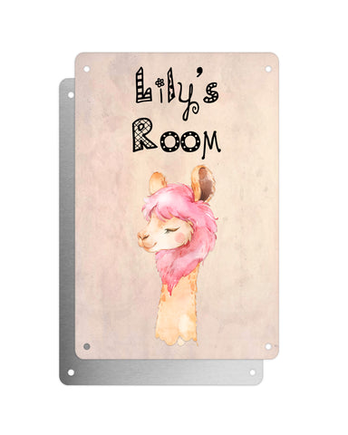 Cute Animal Personalised Name Plaque – Funny Llama Pink Hair | Vintage-Style Aluminium Sign for Kids’ Room