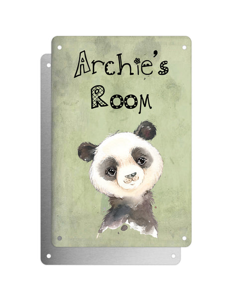 Cute Animal Personalised Name Plaque – Baby Panda | Vintage-Style Green Aluminium Sign for Kids’ Room