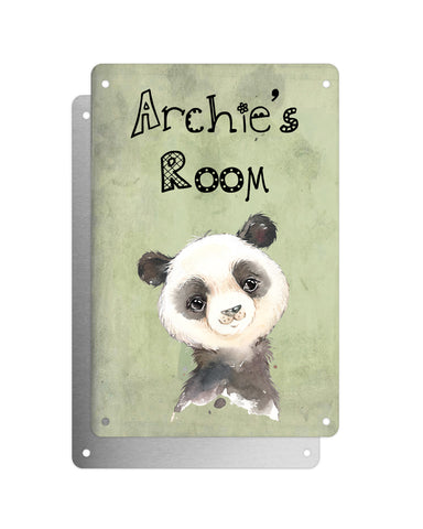 Cute Animal Personalised Name Plaque – Baby Panda | Vintage-Style Green Aluminium Sign for Kids’ Room