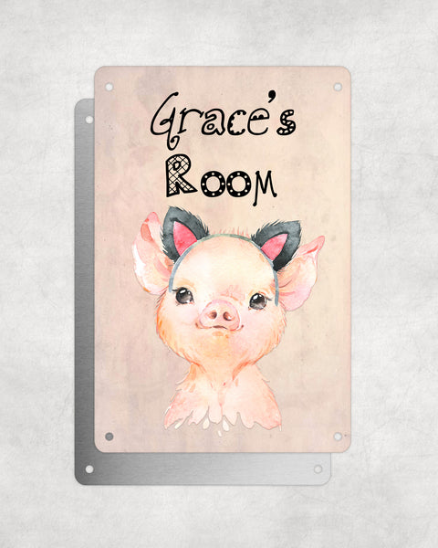 Cute Animal Personalised Name Plaque – Baby Pig With Cat Ears | Vintage-Style Aluminium Sign for Kids’ Room
