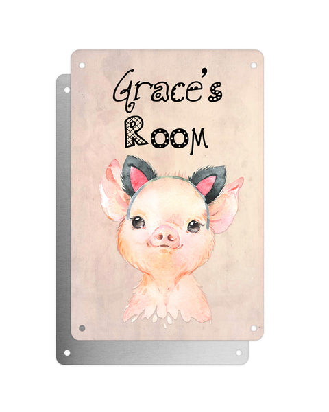 Cute Animal Personalised Name Plaque – Baby Pig With Cat Ears | Vintage-Style Aluminium Sign for Kids’ Room