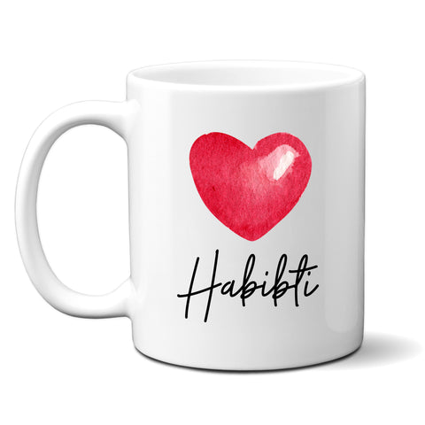 Habibti, Sentimental Wedding Birthday Gift with Shiny Red Heart Design, Arabic Personalised Mug