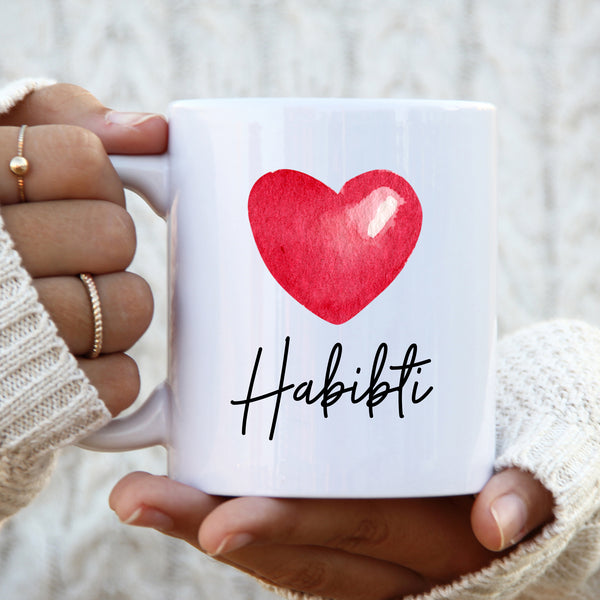Habibti, Sentimental Wedding Birthday Gift with Shiny Red Heart Design, Arabic Personalised Mug