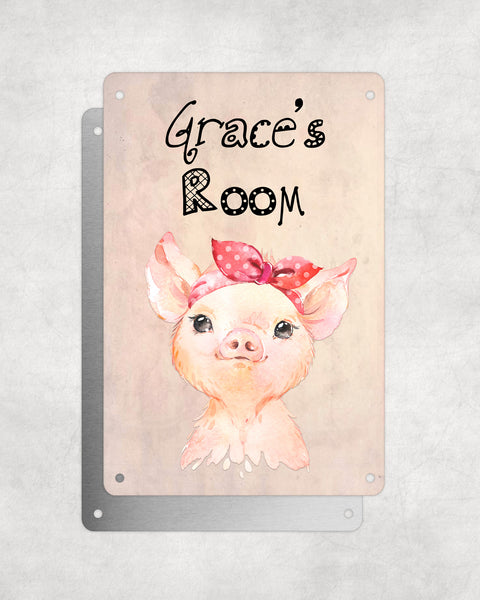 Cute Animal Personalised Name Plaque – Baby Pig With Head Tie | Vintage-Style Aluminium Sign for Kids’ Room