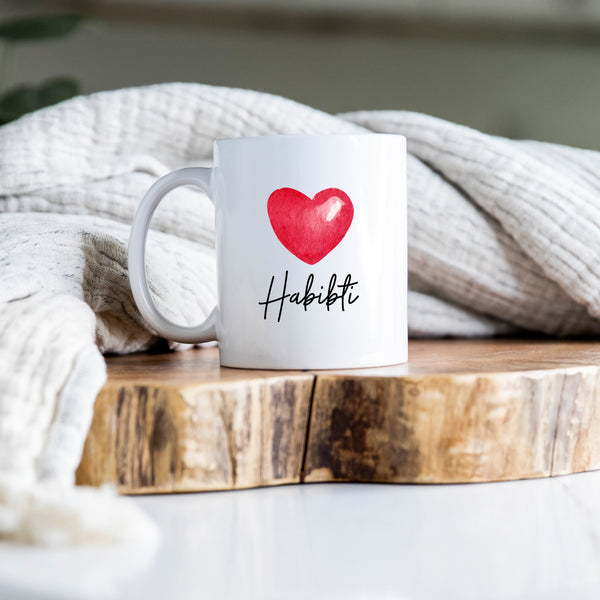 Habibti, Sentimental Wedding Birthday Gift with Shiny Red Heart Design, Arabic Personalised Mug
