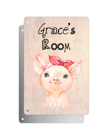 Cute Animal Personalised Name Plaque – Baby Pig With Head Tie | Vintage-Style Aluminium Sign for Kids’ Room
