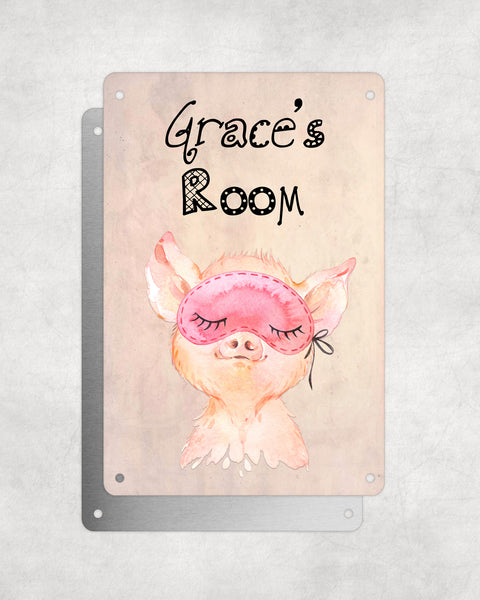 Cute Animal Personalised Name Plaque – Baby Pig With Sleep Mask | Vintage-Style Aluminium Sign for Kids’ Room