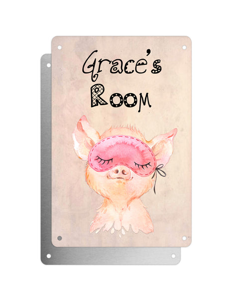 Cute Animal Personalised Name Plaque – Baby Pig With Sleep Mask | Vintage-Style Aluminium Sign for Kids’ Room
