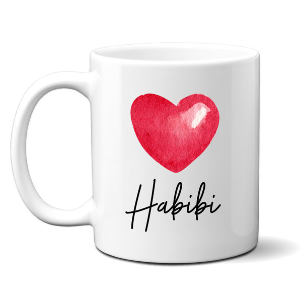 Habibi, Sentimental Wedding Birthday Gift with Shiny Red Heart Design, Arabic Personalised Mug