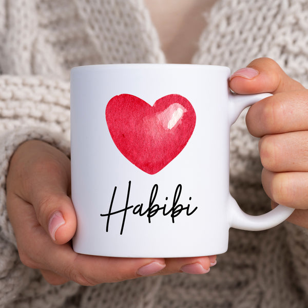 Habibi, Sentimental Wedding Birthday Gift with Shiny Red Heart Design, Arabic Personalised Mug