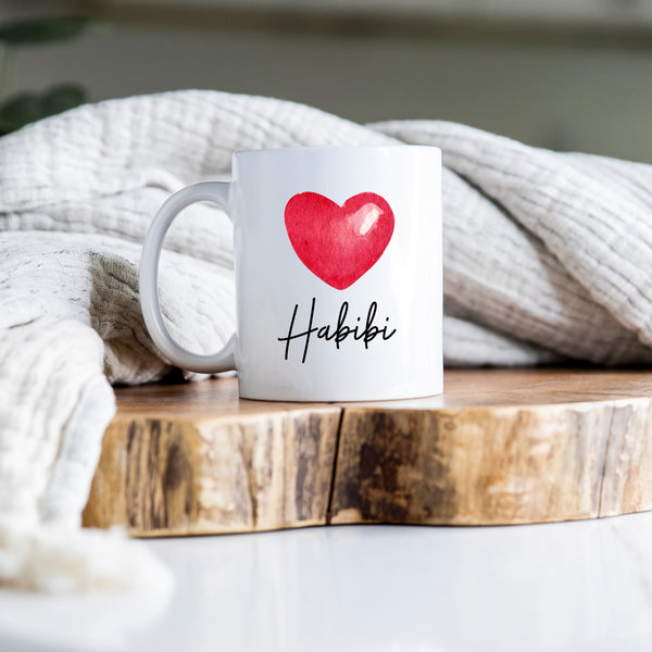Habibi, Sentimental Wedding Birthday Gift with Shiny Red Heart Design, Arabic Personalised Mug