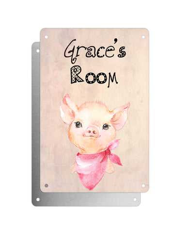Cute Animal Personalised Name Plaque – Baby Pig With Pink Neck Tie | Vintage-Style Aluminium Sign for Kids’ Room
