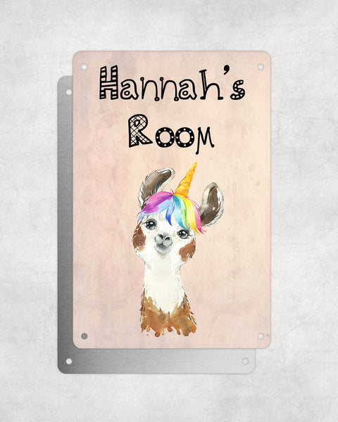Cute Animal Personalised Name Plaque – Funny Llama Big Ears Rainbow Wig | Vintage-Style Aluminium Sign for Kids’ Room