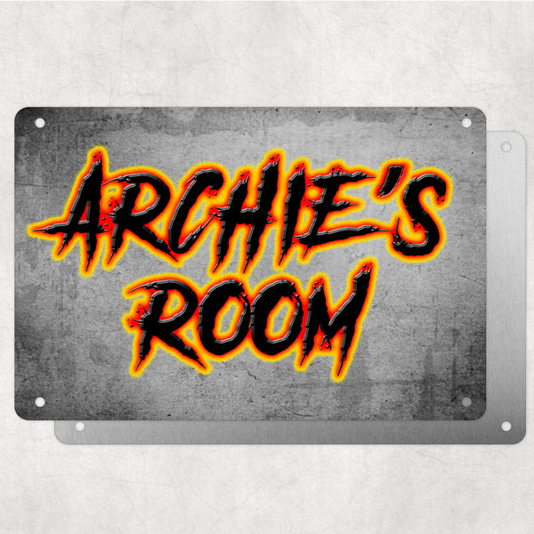 Boys Personalised Bedroom Name Plaque – Aluminium Metal Sign | Fire Glow Slash Font | Gift for Him