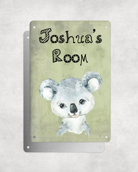Cute Animal Personalised Name Plaque – Baby Koala | Vintage-Style Green Aluminium Sign for Kids’ Room