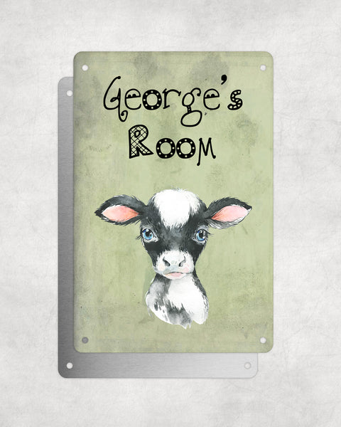 Cute Animal Personalised Name Plaque – Baby Cow | Vintage-Style Green Aluminium Sign for Kids’ Room
