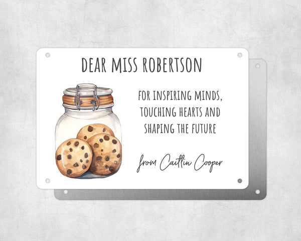 Personalised Teacher Tribute Aluminium Plaque –'Inspiring Minds, Touching Hearts, Shaping The Future' with Cookie Jar Graphic, Leaving Gift