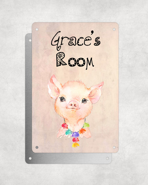 Cute Animal Personalised Name Plaque – Baby Pig With Hawaiian Lei | Vintage-Style Aluminium Sign for Kids’ Room