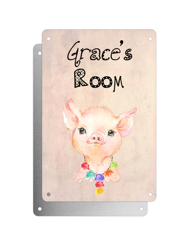 Cute Animal Personalised Name Plaque – Baby Pig With Hawaiian Lei | Vintage-Style Aluminium Sign for Kids’ Room