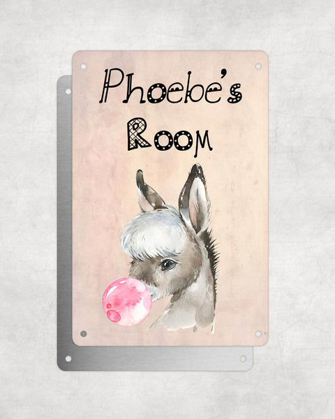 Cute Animal Personalised Name Plaque – Baby Donkey With Bubblegum | Vintage-Style Aluminium Sign for Kids’ Room