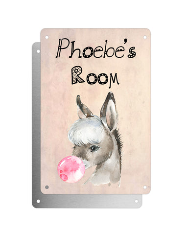 Cute Animal Personalised Name Plaque – Baby Donkey With Bubblegum | Vintage-Style Aluminium Sign for Kids’ Room