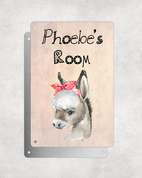 Cute Animal Personalised Name Plaque – Baby Donkey With Head Tie | Vintage-Style Aluminium Sign for Kids’ Room