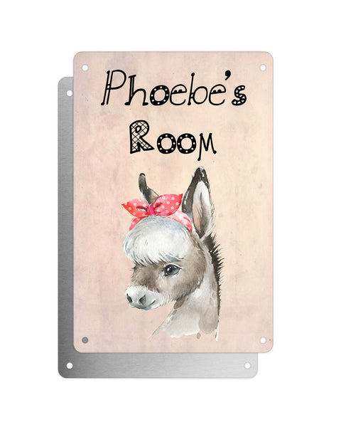 Cute Animal Personalised Name Plaque – Baby Donkey With Head Tie | Vintage-Style Aluminium Sign for Kids’ Room