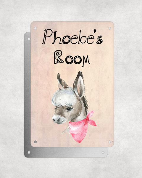 Cute Animal Personalised Name Plaque – Baby Donkey With Pink Neck Tie | Vintage-Style Aluminium Sign for Kids’ Room