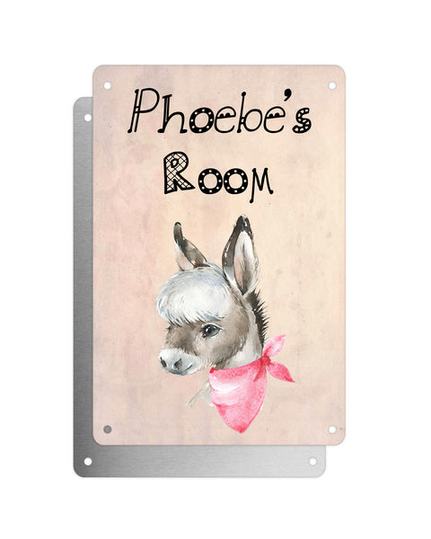 Cute Animal Personalised Name Plaque – Baby Donkey With Pink Neck Tie | Vintage-Style Aluminium Sign for Kids’ Room