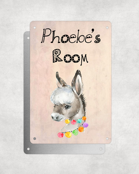 Cute Animal Personalised Name Plaque – Baby Donkey With Hawaiian Lei | Vintage-Style Aluminium Sign for Kids’ Room