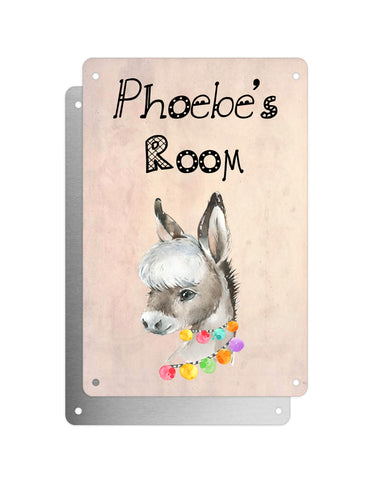Cute Animal Personalised Name Plaque – Baby Donkey With Hawaiian Lei | Vintage-Style Aluminium Sign for Kids’ Room