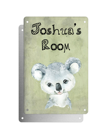 Cute Animal Personalised Name Plaque – Baby Koala | Vintage-Style Green Aluminium Sign for Kids’ Room