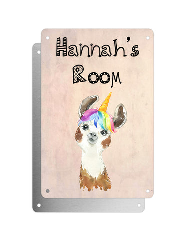 Cute Animal Personalised Name Plaque – Funny Llama Big Ears Rainbow Wig | Vintage-Style Aluminium Sign for Kids’ Room