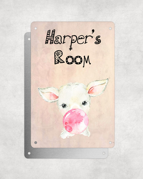 Cute Animal Personalised Name Plaque – Baby Lamb With Bubblegum | Vintage-Style Aluminium Sign for Kids’ Room