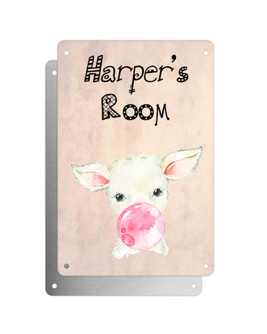 Cute Animal Personalised Name Plaque – Baby Lamb With Bubblegum | Vintage-Style Aluminium Sign for Kids’ Room