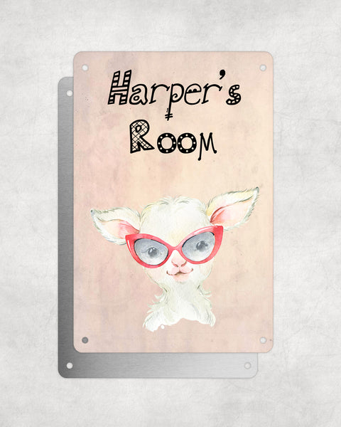 Cute Animal Personalised Name Plaque – Baby Lamb With Red Glasses | Vintage-Style Aluminium Sign for Kids’ Room