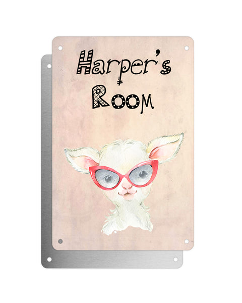 Cute Animal Personalised Name Plaque – Baby Lamb With Red Glasses | Vintage-Style Aluminium Sign for Kids’ Room