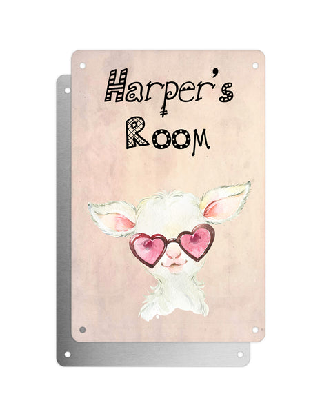 Cute Animal Personalised Name Plaque – Baby Lamb With Heart Glasses | Vintage-Style Aluminium Sign for Kids’ Room