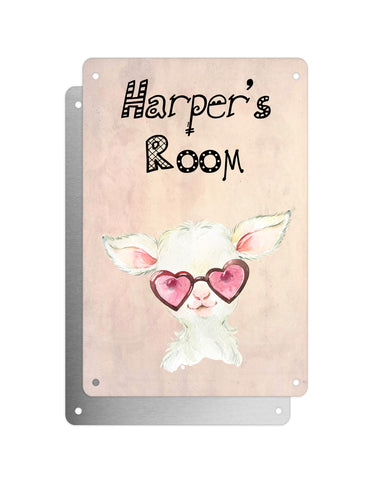 Cute Animal Personalised Name Plaque – Baby Lamb With Heart Glasses | Vintage-Style Aluminium Sign for Kids’ Room